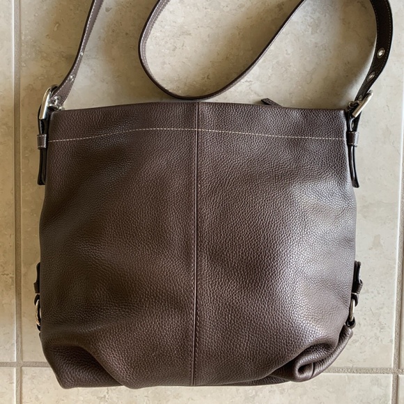 COACH F15064 Brown Duffle Bucket Pebbled Leather Shoulder Bag Purse EUC